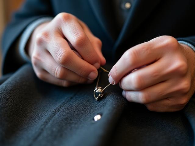 Mani di sarto che lavorano un cappotto di lusso